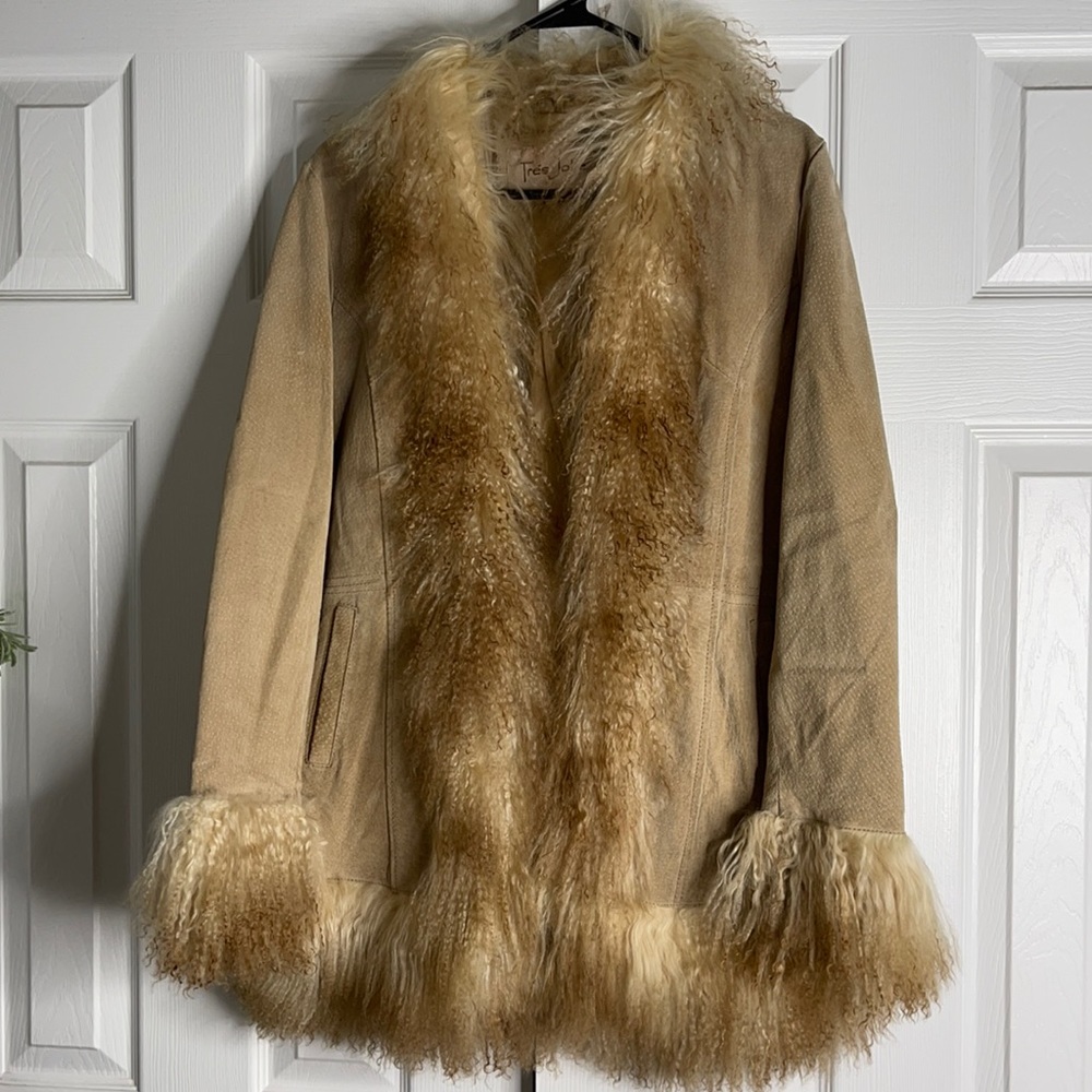 Tres Jolie Leather Lamb fur trimmed coat